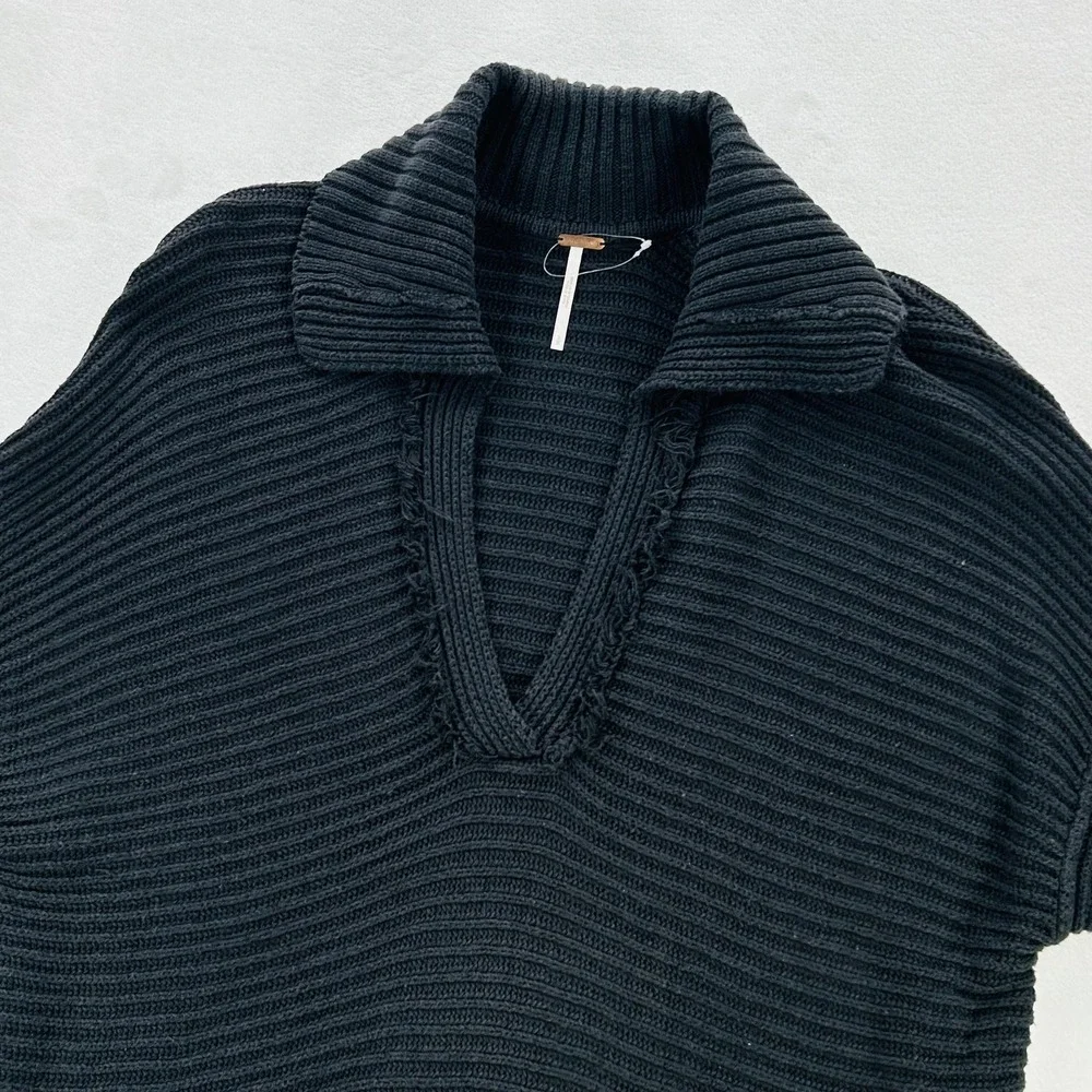 Free People Sweater Womens Small Black Chunky Rib Knit Collared Deep V Pullover